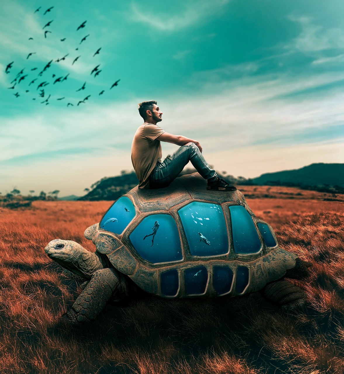 turtle, man, sit, sitting, fantasy, underwater, swimming, field, grassland, composition, nature, tortoise, landscape, animal, reptile, photomontage, photo manipulation, turtle, turtle, turtle, turtle, turtle, tortoise, tortoise, tortoise
